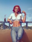  atom_eve blue_sky coca-cola curvy denim green_eyes invincible_(series) jeans jewelry krystopher_decker midriff necklace pants parted_lips red_hair shirt sky sunglasses tied_shirt white_shirt 