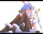  1girl animal_ears ankle_cuffs blue_hair blush bow breasts carrot carrot_hair_ornament carrot_in_pocket detached_sleeves feet food-themed_hair_ornament full_body fur-trimmed_gloves fur_collar fur_trim gloves hair_bow hair_ornament holding holding_carrot hololive knees_up leotard long_hair mimike multicolored_hair orange_eyes pantyhose rabbit_ears rabbit_girl simple_background sitting small_breasts solo streaked_hair thick_eyebrows thigh_strap toes two-tone_hair usada_pekora very_long_hair white_background white_hair 