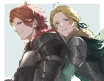  1boy 1girl ahoge armor blonde_hair breastplate cape fire_emblem fire_emblem:_three_houses fur-trimmed_cape fur_trim green_cape green_eyes green_ribbon hair_ribbon head_on_another&#039;s_shoulder hug hug_from_behind ingrid_brandl_galatea looking_ahead looking_back red_hair ribbon short_hair simple_background smile sylvain_jose_gautier toroyuri 