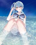  1girl :p bikini blue_eyes blue_hair highres hololive hoshimachi_suisei looking_at_viewer medium_hair mei_hinamatsu night night_sky partially_submerged side_ponytail sitting sky solo swimsuit tongue tongue_out virtual_youtuber water wet 