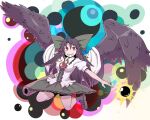  1girl ahoge arm_cannon bird_wings black_sun blush bow breasts brown_hair brown_wings buttons cape center_frills collared_shirt commentary_request control_rod feathered_wings frilled_shirt_collar frilled_skirt frills full_body green_bow green_skirt grin hair_between_eyes hair_bow jumping kuri_dora long_bangs long_hair looking_at_viewer medium_breasts multicolored_background parted_bangs puffy_short_sleeves puffy_sleeves red_eyes reiuji_utsuho sharp_teeth shirt short_sleeves skirt smile solo sun teeth third_eye touhou weapon white_background white_cape white_shirt wings 