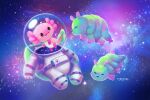  2021 alien ambiguous_gender amphibian antennae_(anatomy) axolotl black_eyes black_nose bubble digital_media_(artwork) feral freckles green_body green_skin group marine mole_salamander multi_leg multi_limb pink_body pink_skin salamander_(amphibian) smile space spacesuit tardigrade trio tsaoshin water 