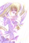  1girl azaka_(rionrita) blonde_hair collar commentary_request cowboy_shot cross-laced_armwear detached_collar dress feathered_wings hand_on_own_chest hands_up head_wings highres hoshina_utau long_hair looking_at_hand off-shoulder_dress off_shoulder open_mouth puffy_short_sleeves puffy_sleeves purple_eyes seraphic_charm short_sleeves shugo_chara! sleeves_past_wrists solo twintails white_collar white_dress white_wings wings 
