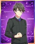  1boy akuno_hideo aqua_eyes arm_at_side black_hair black_jacket blue_necktie clenched_hand closed_mouth collared_shirt hair_between_eyes idolmaster idolmaster_side-m idolmaster_side-m_growing_stars jacket long_bangs long_sleeves looking_at_viewer male_focus messy_hair necktie official_art shirt solo upper_body 