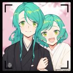  2girls ^_^ aqua_hair arm_hug bang_dream! black_kimono bow braid cherry_blossom_background closed_eyes commentary green_eyes hair_bow hikawa_hina hikawa_sayo incest japanese_clothes kimono looking_at_viewer milk_puppy multiple_girls parted_lips ponytail shiromuku siblings sidelocks sisters smile symbol-only_commentary twin_braids twincest twins uchikake upper_body viewfinder wedding white_kimono wife_and_wife yellow_bow yuri 