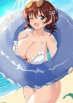  1girl ;d absurdres arm_up bare_shoulders beach bikini blue_eyes blue_sky blush breasts brown_hair cleavage cloud commentary cowboy_shot drill_hair emma_verde evildaddy12 eyewear_on_head freckles frilled_bikini frills hair_between_eyes hair_ribbon halterneck hand_up highres holding holding_innertube innertube large_breasts looking_at_viewer love_live! love_live!_nijigasaki_high_school_idol_club medium_hair ocean one_eye_closed open_mouth ribbon round_eyewear side-tie_bikini_bottom sky smile solo standing sunglasses swimsuit teeth tinted_eyewear twin_drills upper_teeth_only white_bikini white_ribbon yellow-framed_eyewear yellow-tinted_eyewear 