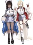  2girls absurdly_long_hair absurdres asuna_(blue_archive) belt black_bag black_belt black_hair black_pantyhose black_socks blonde_hair blue_archive blue_eyes blue_jacket blue_necktie blue_skirt blunt_bangs blush collared_shirt dark-skinned_female dark_skin double_w full_body hair_over_one_eye halo hands_up highres indonesian_high_school_uniform jacket karin_(blue_archive) leg_up long_hair long_sleeves looking_at_viewer multicolored_clothes multicolored_jacket multiple_girls necktie open_clothes open_jacket pantyhose red_jacket school_uniform shirt shoes sidelocks skirt smile socks sstthei standing two-tone_jacket very_long_hair w white_bag white_shirt white_socks yellow_eyes 