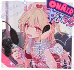  1girl apron bandaged_wrist bandages blonde_hair blush border center_frills collared_shirt commentary_request english_text fang frills hair_ornament hand_on_headphones hands_up hashtag hat heart heart_print highres holding holding_paper kaiya long_hair looking_at_viewer microphone natori_sana nurse_cap on_chair open_mouth outside_border paper pink_apron pink_nails print_headwear rabbit_hair_ornament recording_studio red_eyes sana_channel shirt sign skin_fang smile solo speech_bubble studio_microphone timestamp translation_request two_side_up upper_body virtual_youtuber white_border white_shirt 