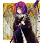  1girl birch_tree black_robe fern_(sousou_no_frieren) hair_ribbon hei-b highres holding holding_staff medium_hair outdoors purple_eyes purple_hair red_ribbon ribbon robe solo sousou_no_frieren staff standing tree 