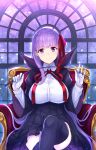  1girl armchair bb_(fate) boots breasts chair collared_shirt crossed_legs e_(eokiba) fate/extra fate/extra_ccc fate_(series) hair_flowing_over hair_ribbon high-waist_skirt highres holding holding_whip large_breasts long_hair pleated_skirt purple_eyes purple_hair red_ribbon ribbon shirt sitting skirt smile solo thigh_boots underbust very_long_hair window 