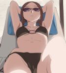  1girl armpits bikini black_bikini breasts brown_hair closed_mouth collarbone groin haruyama_kazunori houkago_teibou_nisshi kuroiwa_yuuki long_hair navel o-ring o-ring_bikini solo sunglasses swimsuit 