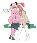  2girls animal_ears antlers arm_support bare_legs between_legs black_skirt black_socks blue_eyes blush bocchi_the_rock! bow bowtie brown_cardigan brown_sailor_collar cardigan commentary_request crossed_bangs cube_hair_ornament deer_ears eye_contact fake_animal_ears fake_horns full_body gotoh_hitori green_eyes hair_between_eyes hair_ornament hat horns jacket kiss kita_ikuyo long_hair long_sleeves looking_at_another merry_christmas mole mole_under_eye multiple_girls no_shoes one_side_up pants pants_under_skirt pink_hair pink_jacket pink_pants pink_track_suit pleated_skirt red_bow red_bowtie red_hair reindeer_antlers sailor_collar santa_hat school_uniform shuka_high_school_uniform sidelocks simple_background sitting skirt socks souya_(6nt2_ibugali) surprised wavy_mouth white_background white_socks yuri 