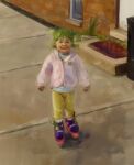 1girl absurdres cappucosmic child commentary english_commentary full_body green_hair highres jacket koiwai_yotsuba long_sleeves looking_at_viewer outdoors painterly pants pink_jacket quad_tails roller_skates short_hair skates smile solo standing yellow_pants yotsubato! 