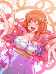  1girl ^_^ blue_dress blush breasts cleavage closed_eyes collarbone dress foreshortening highres idolmaster idolmaster_cinderella_girls jacket large_breasts light_particles long_hair moroboshi_kirari orange_hair pink_jacket reaching reaching_towards_viewer smile solo t7474 very_long_hair 