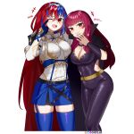  2girls ;d alear_(female)_(fire_emblem) alear_(fire_emblem) bangs belt blue_hair blue_skirt blue_thighhighs bodystocking bow bowtie breasts chocojax cleavage commentary covered_navel cowboy_shot fire_emblem fire_emblem_engage hair_between_eyes highres large_breasts long_hair looking_at_viewer miniskirt multicolored_hair multiple_girls one_eye_closed open_mouth purple_hair red_eyes red_hair shirt simple_background skirt smile standing thighhighs thighs tiara two-tone_hair very_long_hair white_background white_bow white_bowtie white_shirt yellow_belt yunaka_(fire_emblem) zettai_ryouiki 
