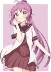  1girl absurdres ahoge blush breasts brown_eyes closed_mouth collarbone highres long_hair looking_at_viewer niwakanabe ponytail purple_background purple_hair school_uniform simple_background small_breasts solo sugiura_ayano yurigaoka_girls_academy_school_uniform yuru_yuri 