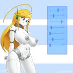  areola big_breasts blonde_hair blue_eyes blush body_slider breast_expansion breasts cave_story curly_brace expansion female genitals hair hi_res huge_breasts humanoid machine navel nipples nude pussy robot robot_humanoid signature solo standing text thick_thighs white_body wide_hips zedrin 