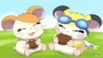  2018 alternate_species burger cricetid duo eating eyewear eyewear_on_head feral food fur goggles goggles_on_head grass hamster hamtaro hamtaro_(series) male mammal orange_body orange_fur pichu90 plant rodent scarf signature smile sparks_pichu tan_body tan_fur yellow_body yellow_fur 