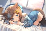  1girl :d animal_ears bed black_thighhighs blue_eyes blue_hoodie bone_hair_ornament brown_hair commission cup dog_ears dog_girl dog_tail hair_ornament hat highres hood hood_down hoodie indoors long_hoodie long_sleeves looking_at_viewer lying marekamico medium_hair on_bed on_side skeb_commission smile tail teacup teapot thighhighs vrchat window 