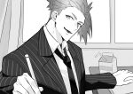  1boy absurdres achilles_(fate) bags_under_eyes book collared_shirt curtains desk drinking_straw fate/grand_order fate_(series) greyscale haruakira highres holding holding_pen jacket juice_box looking_at_viewer lower_teeth_only male_focus monochrome necktie open_book open_mouth pen shirt short_hair solo striped striped_jacket teeth undercut upper_body vertical-striped_jacket vertical_stripes white_shirt window 