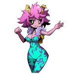  2023 absurd_res ashido_mina breasts cleavage clothed clothing female hair hi_res horn horned_humanoid humanoid my_hero_academia niyuyu not_furry pink_body pink_hair pink_skin simple_background smile solo white_background 
