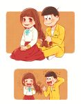  1boy 1girl black_hair braiding_hair brown_hair couple failure hairdressing happy_tears highres jumpsuit jyushimatsu&#039;s_girlfriend kabu_(bekka) laughing matsu_symbol matsuno_jyushimatsu osomatsu-san scratching_neck smile sweatdrop tears yellow_jumpsuit 