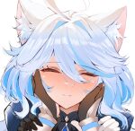  2girls ahoge animal_ear_fluff animal_ears arm_armor ascot asymmetrical_gloves black_ascot black_gloves black_shirt blue_gemstone blue_hair blue_jacket blush brown_gloves cat_ears closed_eyes closed_mouth furina_(genshin_impact) gem genshin_impact gloves gradient_hair hair_between_eyes hands_on_another&#039;s_face hands_up highres jacket kemonomimi_mode long_hair long_sleeves lumine_(genshin_impact) mismatched_gloves multicolored_hair multiple_girls no_headwear shiben_(ugvu5784) shirt sidelocks simple_background smile solo_focus two-tone_hair upper_body white_background white_gloves white_hair 