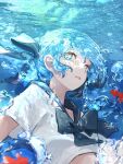  1girl aqua_eyes aqua_hair black_sailor_collar bottle_miku bow bubble dated fish hair_ribbon hatsune_miku highres liquid_hair long_hair man015s parted_lips ribbon sailor_collar shirt short_sleeves signature solo underwater upper_body vocaloid white_shirt 