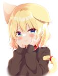  1girl :i animal_collar animal_ears bell black_sweater blonde_hair blue_eyes blush cat_ears cat_girl cat_tail collar extra_ears hands_on_own_cheeks hands_on_own_face highres jingle_bell kiyo_(yamazoe1122) long_sleeves looking_at_viewer original red_collar short_hair simple_background sweater tail tail_bell tail_ornament white_background 