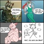  4_panel_comic anthro blue_background canid canine canis cheek_tuft clothing dialogue domestic_cat ears_back english_text facial_tuft felid feline felis flat_colors fur grey_background grey_body grey_fur half-closed_eyes hi_res humor jay-r lagomorph leporid male mammal meme narrowed_eyes open_mouth pivoted_ears rabbit shirt simple_background sketch speech_bubble stick_figure sweater sweatpants tank_top text topwear tuft turtleneck white_background wolf 