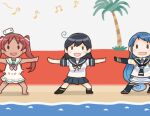  3girls ahoge beach beamed_eighth_notes black_gloves black_hair black_sailor_collar black_socks black_thighhighs blue_hair blue_sailor_collar blue_skirt brown_hair dark-skinned_female dark_skin dress eighth_note elbow_gloves gloves gradient_hair hat kantai_collection libeccio_(kancolle) long_hair looking_at_viewer mini_hat multicolored_hair multiple_girls musical_note neckerchief outstretched_arms palm_tree pleated_skirt saiguchi_otoufu sailor_collar sailor_dress samidare_(kancolle) school_uniform serafuku shirt skirt sleeveless sleeveless_dress sleeveless_shirt smile socks striped_neckerchief thighhighs tree twintails ushio_(kancolle) white_sailor_collar white_shirt 