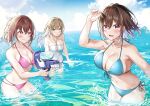  3girls beach bikini blonde_hair blue_bikini blue_sky blush breasts brown_eyes brown_hair cloud cloudy_sky collarbone day green_eyes hawawa-chan&#039;s_sister_(shiro_kuma_shake) hawawa-chan_(shiro_kuma_shake) highres large_breasts long_hair medium_breasts multiple_girls navel ocean one-piece_swimsuit original outdoors pink_bikini purple_eyes shiro_kuma_shake short_hair sky smile swimsuit water water_gun white_one-piece_swimsuit 