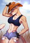  anthro athletic athletic_female big_breasts bottomwear bra breasts clothing cougar cowboy_hat cowgirl_outfit cutoffs denim denim_clothing felid feline female fingerless_gloves gekko-seishin gloves grizzlygus handwear hat headgear headwear hi_res mammal pinup pose shorts solo sports_bra underwear valerie_(grizzlygus) 