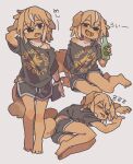  alcohol anthro beer beverage black_eyes blush blush_lines bottomwear canid canine canis clothed clothing domestic_dog drunk female hi_res japanese_text kemono mammal open_mouth shirt shorts sleeping smile solo sound_effects substance_intoxication text topwear vowelless vowelless_sound_effect yagi_the_goat zzz 