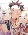  1boy 2girls beatrice_(re:zero) black_hair blonde_hair blue_eyes blush brown_hair capelet emilia_(re:zero) greyscale grin hair_ornament hairclip happy_birthday highres looking_at_viewer monochrome multiple_girls natsuki_subaru purple_eyes re:zero_kara_hajimeru_isekai_seikatsu sidelocks smile symbol-shaped_pupils upper_body zerobarto 