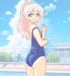  1girl ahoge ass blue_one-piece_swimsuit blue_sky bright_pupils closed_mouth colored_inner_hair cowboy_shot day fence frown grey_hair hair_between_eyes legs_together long_hair mizumori_keiichi multicolored_eyes multicolored_hair one-piece_swimsuit onii-chan_wa_oshimai! orange_eyes outdoors oyama_mahiro pink_hair pink_pupils ponytail pool poolside red_eyes sky solo standing swimsuit two-tone_hair yellow_eyes 