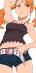  1girl anjou_naruko ano_hi_mita_hana_no_namae_wo_bokutachi_wa_mada_shiranai. aonori_misuji belt blue_eyes breasts brown_eyes denim denim_shorts hair_ornament long_hair navel open_mouth orange_hair shorts simple_background sleeveless solo twintails white_background 