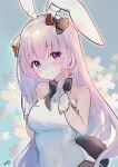  1girl absurdres alternate_costume animal_ears azusa_(azchemist63) bare_shoulders bow bowtie breasts fire_emblem fire_emblem:_genealogy_of_the_holy_war highres holding holding_hair julia_(fire_emblem) looking_at_viewer playboy_bunny purple_eyes purple_hair rabbit_ears rabbit_tail smile solo tail wrist_cuffs 