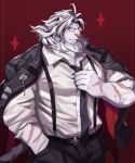  1boy absurdres animal_ears bara collared_shirt cross_scar furry furry_male glasses highres huge_pectorals lion_boy lion_ears lion_hair looking_at_viewer loose_necktie male_focus mature_male muscular muscular_male necktie original pectoral_cleavage pectorals round_eyewear scar scar_on_face scar_on_forehead shirt solo strongman_waist suit suspenders thick_eyebrows yed_(yedsilent) 