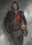  absurdres androgynous artist_name black_hair closed_mouth cowboy_bebop formal grencia_mars_elijah_guo_eckener highres holding holding_instrument instrument jacket long_hair looking_to_the_side male_focus red_shirt sapphire_art saxophone shirt solo suit t-shirt 