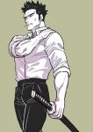  1boy bara collared_shirt feet_out_of_frame from_below from_side greyscale_with_colored_background hand_on_own_shoulder holding holding_sword holding_weapon jujutsu_kaisen kusakabe_atsuya long_sideburns looking_away male_focus mature_male pectorals sheath sheathed shirt short_hair sideburns sleeves_rolled_up solo spiked_hair sword thick_eyebrows toned toned_male weapon wrinkled_skin yaso80hachi 
