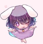  1girl ;p animal_ears aoi_brown barefoot carrot_necklace commentary_request curtsey floppy_ears grey_background heart inaba_tewi jewelry looking_at_viewer necklace one_eye_closed purple_eyes rabbit_ears simple_background solo tongue tongue_out touhou 