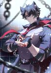  1boy 7mo_(nanakami) animal_ear_fluff animal_ears artist_name bandaged_arm bandages belt black_belt black_choker black_gloves black_hair black_shirt blood blood_on_hands blood_splatter blurry blurry_background blurry_foreground buttons chain choker closed_mouth coat coat_on_shoulders collared_shirt commentary_request depth_of_field earrings fingerless_gloves fur-trimmed_coat fur_trim genshin_impact glint gloves grey_hair grey_pants grey_vest hair_between_eyes hands_up highres indoors jewelry kemonomimi_mode lapels looking_at_viewer male_focus multicolored_hair necktie pants parted_bangs popped_collar purple_eyes red_necktie scar scar_on_arm scar_on_face scar_on_neck serious shirt short_hair short_sleeves sleeve_cuffs solo standing streaked_hair stud_earrings tile_wall tiles vest wolf_ears wriothesley_(genshin_impact) 