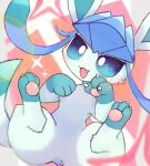  2023 3_toes ambiguous_gender blush blush_lines chromatic_aberration claws cute_fangs digital_media_(artwork) eeveelution feet feral fur generation_4_pokemon glaceon gloves_(marking) green_body green_eyes green_fur leg_markings markings nintendo open_mouth pawpads paws pokemon pokemon_(species) salmon_no_kaori socks_(marking) solo toe_claws toes tongue white_body white_fur 