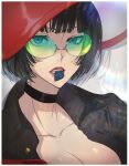  1girl black_choker black_hair breasts choker cleavage collarbone green-tinted_eyewear guilty_gear guilty_gear_strive hat highres hitsuji_kusa holding holding_plectrum i-no large_breasts looking_at_viewer mole mole_above_mouth mouth_hold plectrum red_headwear red_lips short_hair sunglasses tinted_eyewear witch_hat 