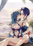  2girls bare_arms bare_shoulders blue_hair blue_one-piece_swimsuit blush breasts casual_one-piece_swimsuit cleavage closed_eyes clothing_cutout commentary_request criss-cross_halter feet_out_of_frame fire_emblem fire_emblem:_three_houses fire_emblem_heroes flower forehead halterneck hand_up highres horizon kiss kurono_kiria lamb_(hitsujiniku) long_hair medium_breasts multiple_girls navel navel_cutout ocean one-piece_swimsuit parted_bangs purple_eyes red_flower shamir_nevrand shamir_nevrand_(summer) sitting swimsuit tokyo_mirage_sessions_fe very_long_hair water yuri 