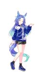  1girl animal_ears black_shorts black_socks blue_footwear blue_hair blue_jacket ear_covers facing_viewer full_body godolphin_barb_(umamusume) gradient_hair highres horse_ears horse_girl horseshoe_ornament jacket long_hair long_sleeves multicolored_hair official_art shoes shorts sneakers socks solo tachi-e track_jacket transparent_background umamusume 