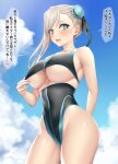  1girl arm_behind_back asymmetrical_hair black_one-piece_swimsuit black_ribbon blue_eyes blue_sky blush breasts brown_hair bun_cover clothing_cutout cloud commentary_request competition_swimsuit day fate/grand_order fate_(series) hair_bun hair_ribbon hand_up heart highres karakari large_breasts looking_at_viewer miyamoto_musashi_(fate) miyamoto_musashi_(swimsuit_berserker)_(fate) one-piece_swimsuit open_mouth outdoors ribbon single_side_bun sky solo speech_bubble spoken_heart standing swept_bangs swimsuit translation_request underboob underboob_cutout 