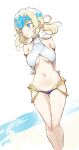  1girl akizuki_maku armlet arms_behind_back beach bikini blonde_hair blue_eyes breasts fate/grand_order fate_(series) looking_to_the_side medium_breasts medium_hair micro_bikini navel pollux_(fate) swimsuit 