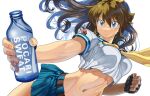  1980s_(style) 1girl belt blue_eyes bow breasts brown_belt brown_hair crop_top fingerless_gloves gloves hair_ribbon highres m.u.g.e.n midriff navel neckerchief oggy original pocari_sweat ponytail product_placement retro_artstyle ribbon ryuuko_(oggy) school_uniform serafuku skirt solo transparent_background yellow_bow yellow_neckerchief yellow_ribbon 